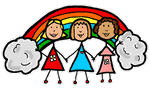 Stick Figure Girl Friends Holding Hands in Front of Rainbow Clipart
