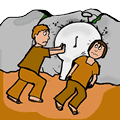 Men Preeing Elephant Through Tight Squeeze
