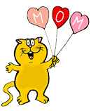 Cat Holding 'Mom' Balloons