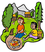 Girls Camping at Cabins in Forest Roasting Marshmallows