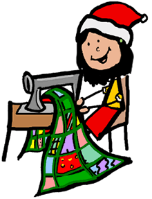 Stick Figure Girl Sewing Quilt in Santa Hat Clip Art