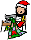 Stick Figure Girl Sewing Quilt in Santa Hat Clipart