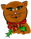 Happy Cat with Holly and Ribbon Clipart