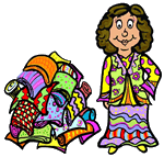 Colorful Lady Standing Beside Pile of Fabrics Clip Art