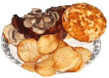 Potatoes, Steak with Mushrooms and Cheese Bun